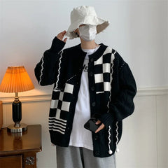 Threebooy Vintage Plaid Knitted Sweater Men Checked Cardigan Male Y2K Sweaters Men's Winter Harajuku Japanese Streetwear Hip Hop