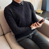 Threebooy Fake 2 piece Shirt Collar Casual Knitting Sweaters/Male Slim Fashion Round Collar Pullover/Men Jacquard Plaid Knit Shirt