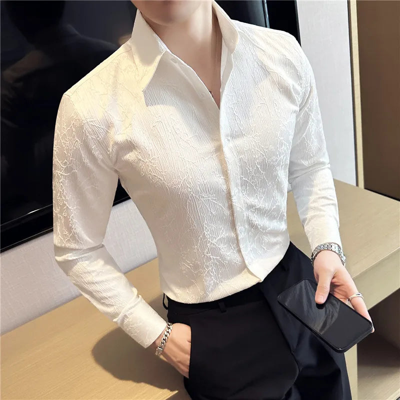 Threebooy  Men Spring High Quality Jacquard Design Casual Long-sleeved Shirts/Male Slim Fit Lapel High Quality Business Shirt Homme