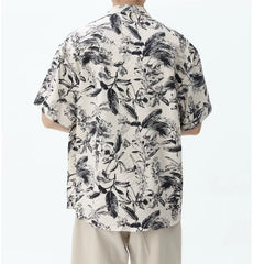 Threebooy  Fashionable Temperament Ink Printing Shirt Men's Summer Loose Short-sleeved Retro Hong Kong Style Floral Design Top