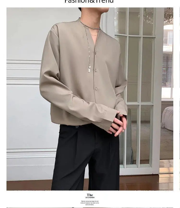 Threebooy 2025 New Retro V-neck Shirt Temperament Solid Color Long-sleeved Drooping White Shirt Korean Loose Trendy Top Aesthetic Chic