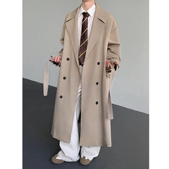 Threebooy Trench men Long coat 2025 New Loose Autumn fashion Double-breasted Caslua trench Unique cuff design Korean street windbreaker
