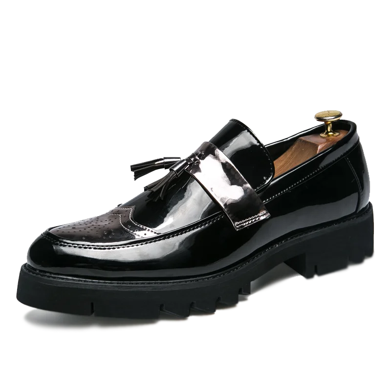 Threebooy  Luxury Shoes Men's Patent Leather Shoes High-end Gold Patch Work Men's Height Increasing Shoes Banquet Dress Loafers Size：37-45