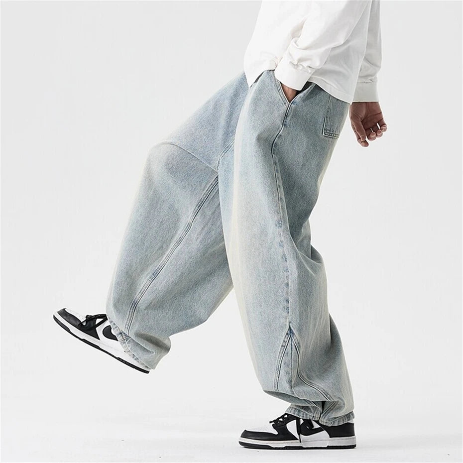 Threebooy  Large Size Summer Jeans Men Streetwear Harajuku Washed Casual Denim Pants Oversized Vintage Japan Style Baggy Wide-leg Trousers