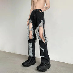 Threebooy Y2K Unisex Perforated Jeans Mens Summer Korean 2024 Slim Design Straight Wide Leg Denim Pants LGBT Man Sexy Ripped Fringed Jeans