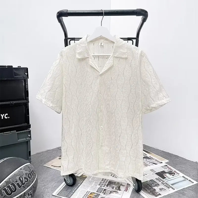 Threebooy Men's White Summer Hollow Out Short Sleeve Shirt Knitted Jacket Shirts For Men Vintage Vacation Blouse