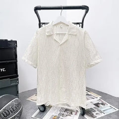 Threebooy Men's White Summer Hollow Out Short Sleeve Shirt Knitted Jacket Shirts For Men Vintage Vacation Blouse