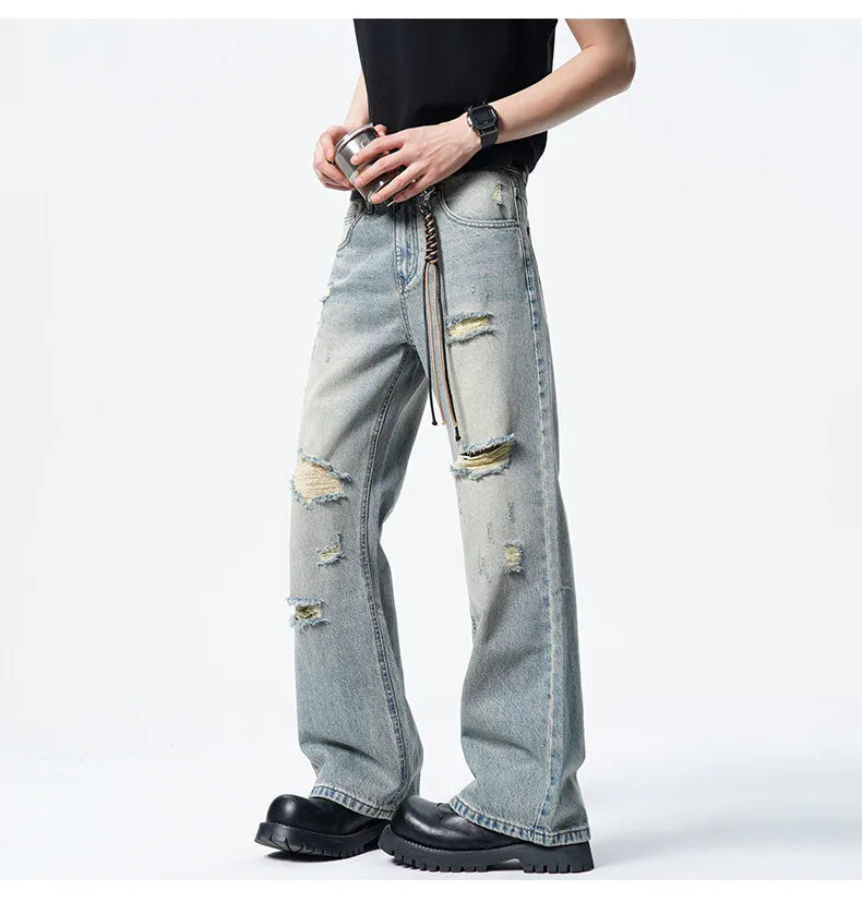 Threebooy Men Straight Leg Vintage Blue Washed Denim Jeans Casual Ripped Distressed Trousers Classic Retro Style Comfortable Streetwear