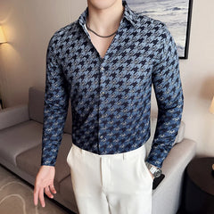Threebooy  Brand Thousand Bird Grid Gradient Printed Men's Shirt Long Sleeve Slim Casual Shirts Fashion Social Business Dress Shirt