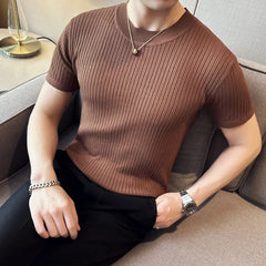 Threebooy  Clothing New Summer Men T-shirt Knitted Short Sleeves Top Men's Solid Color O-neck Pullover Thick Slim Knitted Tees S-3XL