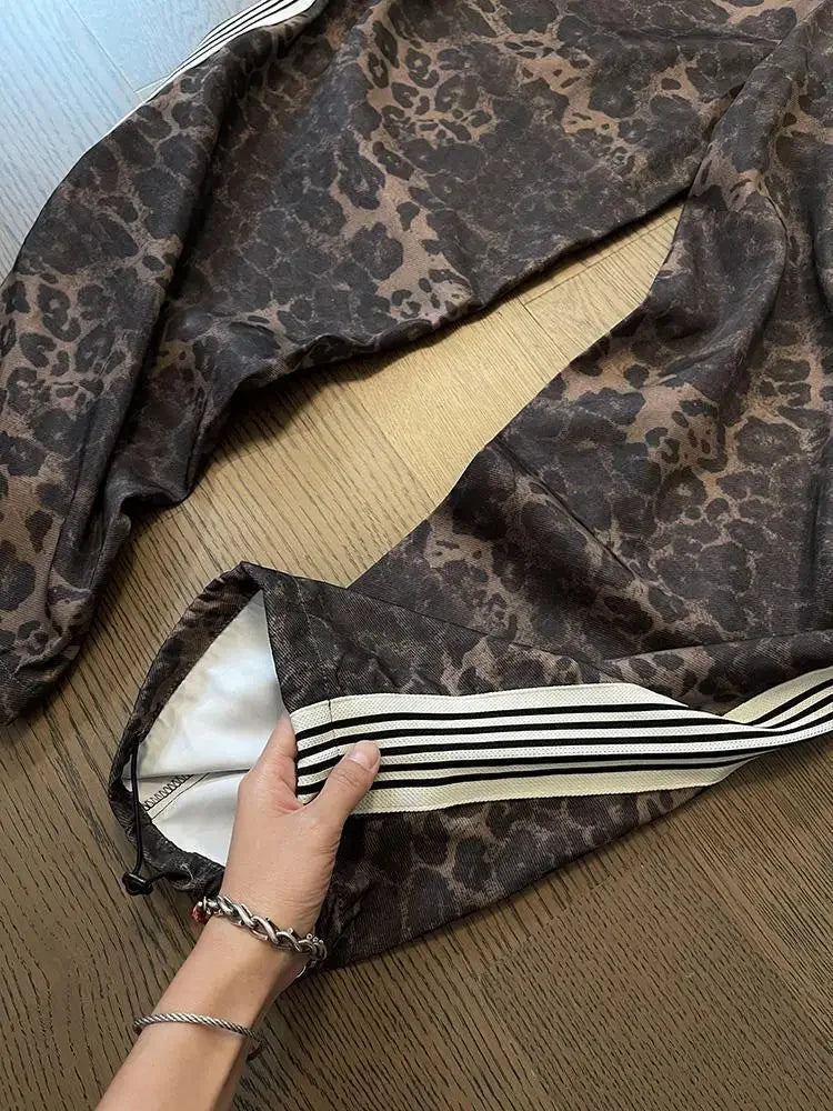 Threebooy 90s American Vintage Leopard Stitching Striped Slacks Y2K Mens Street Hip-Hop Harajuku Sweatpants Mopping Pants Streetwear