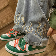 Threebooy  Men's Fashion Flame Embroidery Jeans Neutral Wide Denim Pants Baggy Straight Youth Casual Hip Hop Trousers Male Trendy Brand