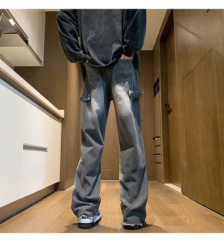 Threebooy Autumn jeans men New Fashion Side Zipper Casual Jean Pants Men High Street Loose Straight Pant Mens Vintage All-match Trousers