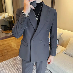 Threebooy  Double-Breasted Peak Lapel Suit Set For Men New Business Formal Wedding Dress Casual Blazer