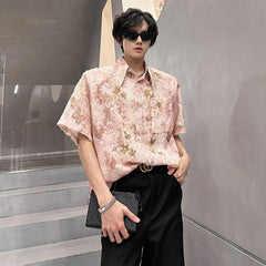 Threebooy Pink Butterfly Tassel Shirt Men Front Pocket Summer Loose Casual Floral Short Sleeve Shirts Oversize Streetwear Boy Girl Blouses