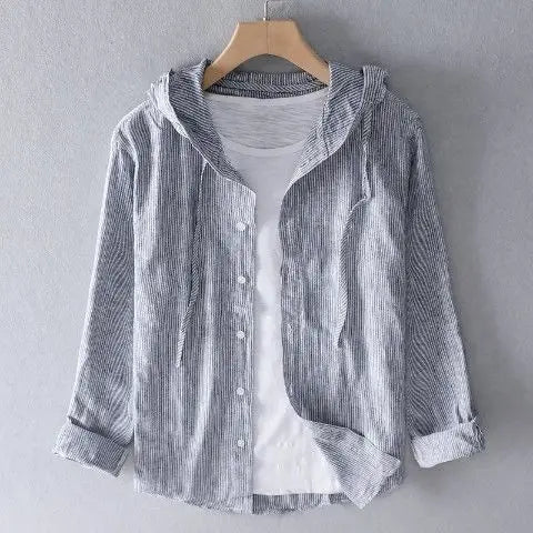 Threebooy  Spring Summer New Hooded Long-sleeved Solid Color Linen Shirt Trendy Men's Thin Loose Youth Fashion Linen Sunscreen Shirt