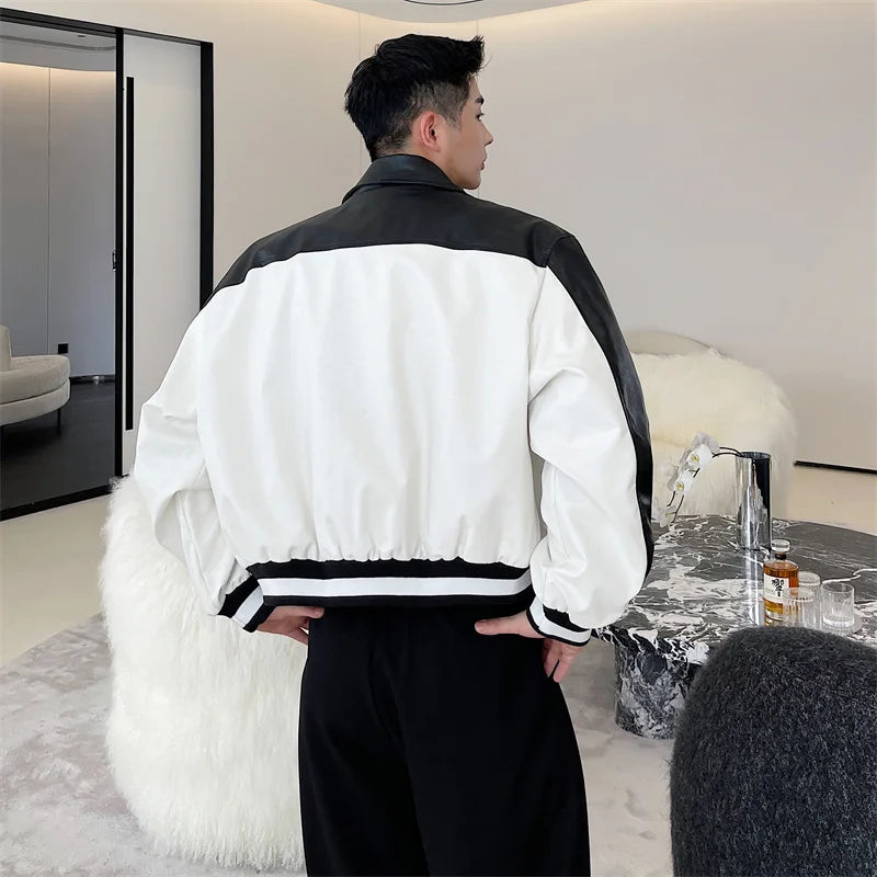 Threebooy Korean Street Dress Hip Hop Spring Autumn Black White Design Motorcycle Leather Men's Jacket Jacket Short Baseball Coat