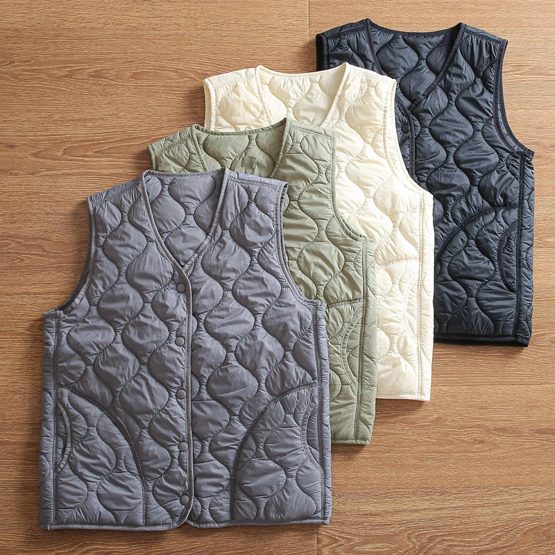 Threebooy  Windproof Waterproof Autumn Padded Vest Inner Imitation Wool Quilted Cotton Fluffy Warm Lightweight V-neck Vest Cotton Waistcoat