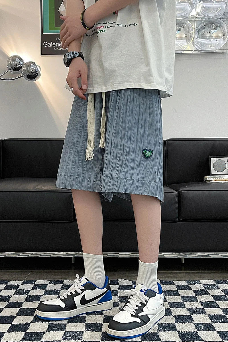 Threebooy Loose Beach Shorts Thin Summer Sports Straight Wide-leg Casual Pants Oversize Green Label Solid Pleated Five-point Pants Men