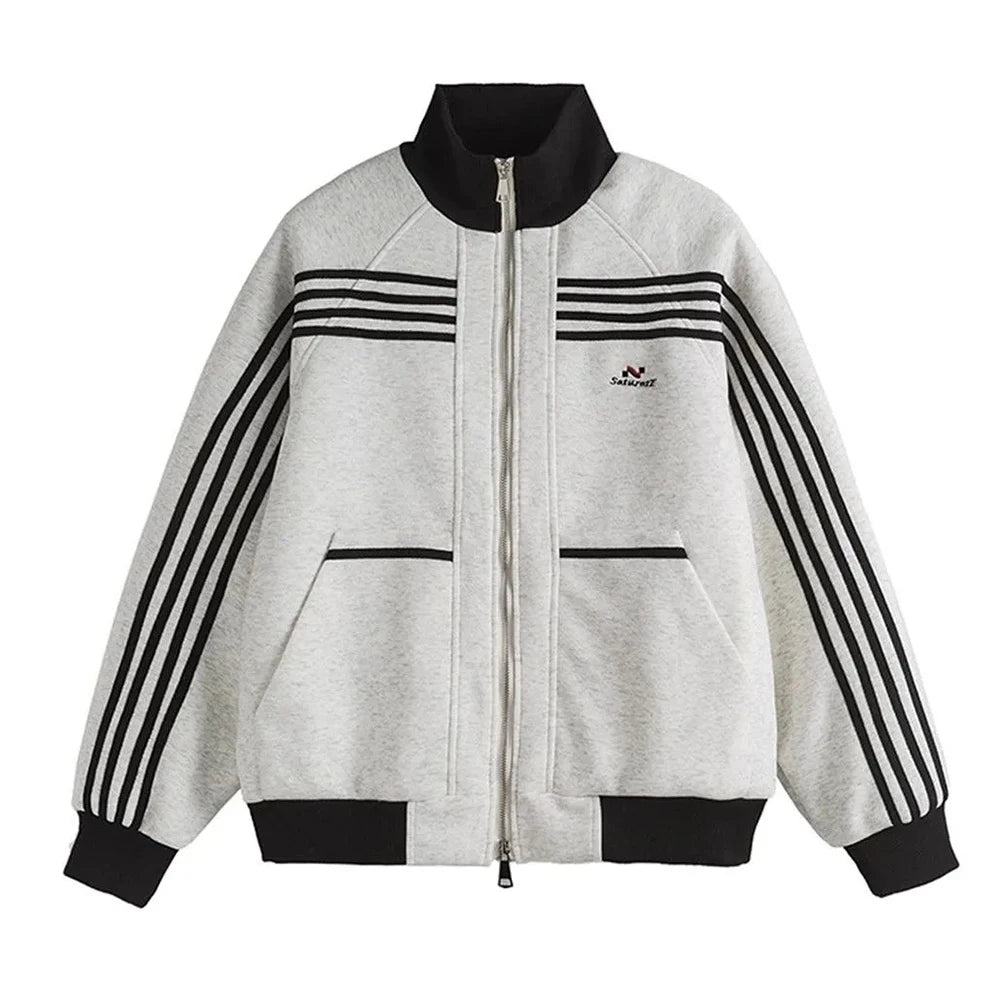 Threebooy  American Street Striped Contrast Color Stitching Zipper Cardigan Stand Collar Sweatshirt Men 2025 Spring Autumn New Y2k Jacket