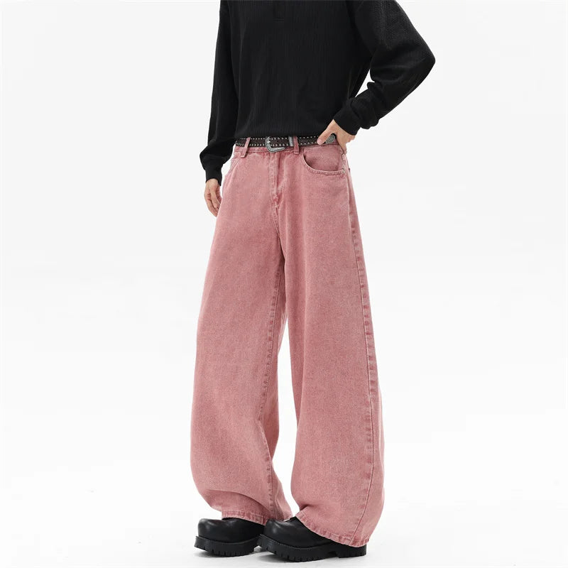 Threebooy Pink Straight Leg Denim Pants Unisex Gender Neutral Jeans Urban Street Style Fashion Trendy Casual Wear Comfortable 2025 New