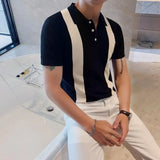 Threebooy Knit Polo Gradual Change Color Men Knitted Polo Shirt Short-sleeved Tops Striped Turn Down Collar Business Polo Men Shirt