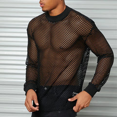 Threebooy Mens Sexy Fishnet See Through T-Shirt Long Sleeve Transparent Tshirt Homme Punk Gothic Nightclub Prom T Shirt For Men Camisetas