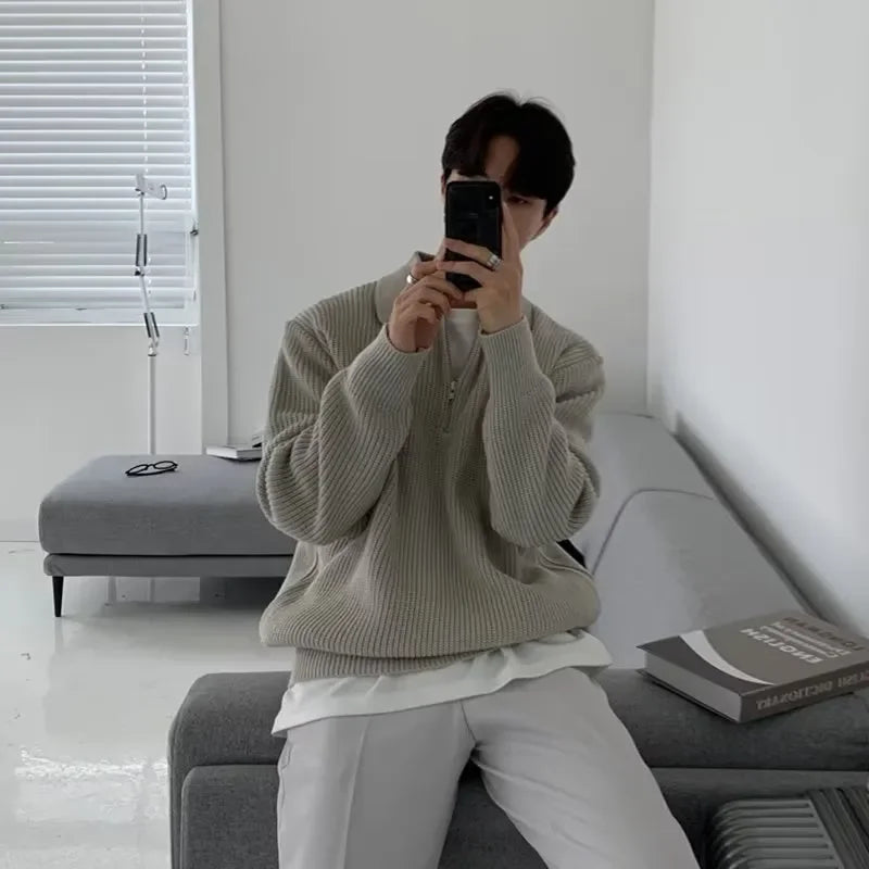 Threebooy Vintage Sweater Men Fashion Versatile Casual Solid Color Pullovers Jacket Zip Long Sleeved Loose Fitting Autumn New