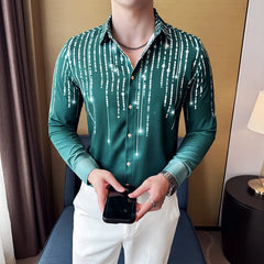 Threebooy  High Quality Striped Printed Men's Shirt Long Sleeve Slim Fit Casual Shirts Fashion Social Party Tuxedo Blouse Men Clothing