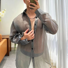 Threebooy Trendy Fashion Shirt Men's See-through Solid All-match Blouse Spring Summer New Sexy Mesh Long-sleeved Shirts LGBT Streetwear