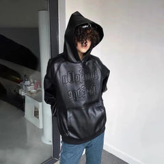 Threebooy American Casual Oversize Hoodie Mens Spring Autumn Trendy Motorcycle Leather Jacket Loose Comfort Simple Solid Hooded Sweatshirt