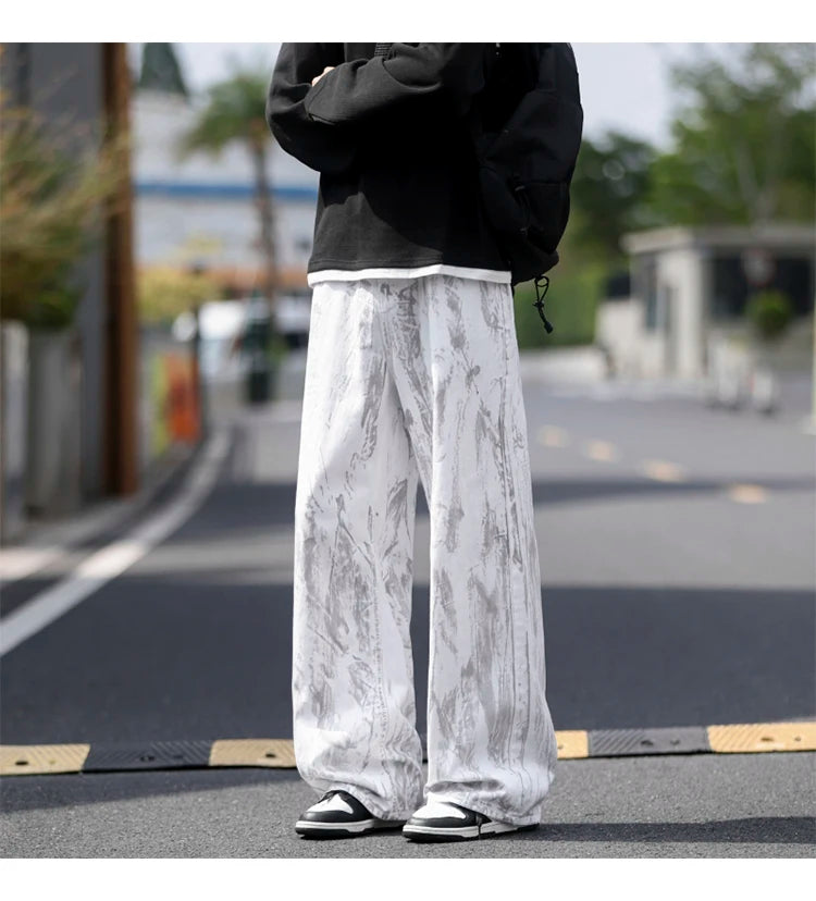 Threebooy Jeans Mens Classic Straight Leg Jeans White Tie Dye Denim Pants Unisex Fashion Casual Trousers Streetwear Hip Hop Style Washed
