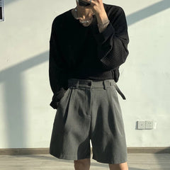 Threebooy Summer Grey/Black Suit Shorts Men Fashion Society Mens Dress Shorts Korean Style Loose Straight Shorts Mens Casual Shorts M-XL