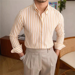 Threebooy  New Naples Business Men Shirts Light Luxury Textured Lapel Striped Long Sleeve Cardigan Leisure Premium Commuter Blouse M-3XL