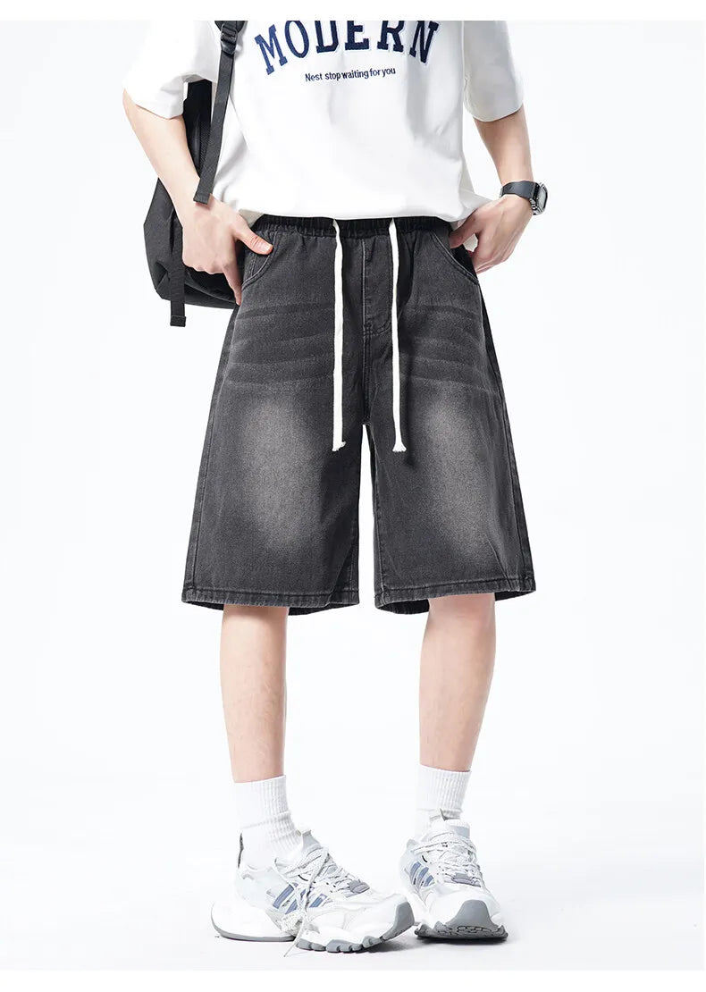 Threebooy Mens Denim Shorts Elastic Waist Drawstring Washed Classic Casual Summer Streetwear Vintage Stonewash Comfort Fit 2025 Fashion