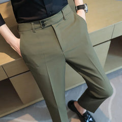 Threebooy Men Dress Pants High Waist Trousers Autumn New British Style Straight Slim Fit Suit Pants Solid Casual Fashion Men Clothing