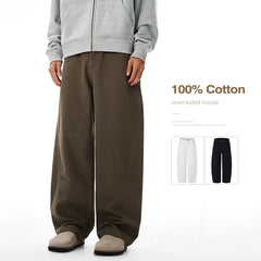 Threebooy 100% Pure Cotton Wide-leg Pants Men's Autumn New Oversized Comfortable Loose Casual Trousers Brown White Fashion Streetwear