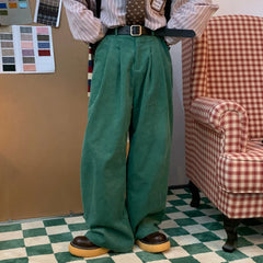 Threebooy Green Corduroy Pants Men Vintage Harajuku Japanese Retro Streetwear White Trousers Male Men's Casual Loose Fashion