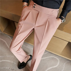 Threebooy British Style Men High Waist Casual Dress Pant Men Belt Design Pink Trousers Formal Office Social Wedding Party Dress Suit Pants