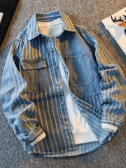 Threebooy American Striped Spliced Denim Jacket Men 2025 Autumn Trendy Handsome Men Women Casual Loose Work Shirt Jacket Aesthetic Chic