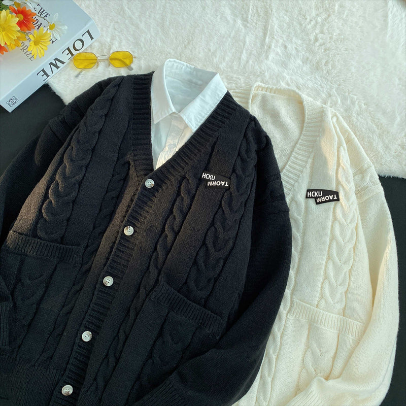 Threebooy Letter Twists Cardigan Sweater Men New Preppy Grunge Cityboy Knit Jacket Japan Couple Casual V-neck Sweater Coat