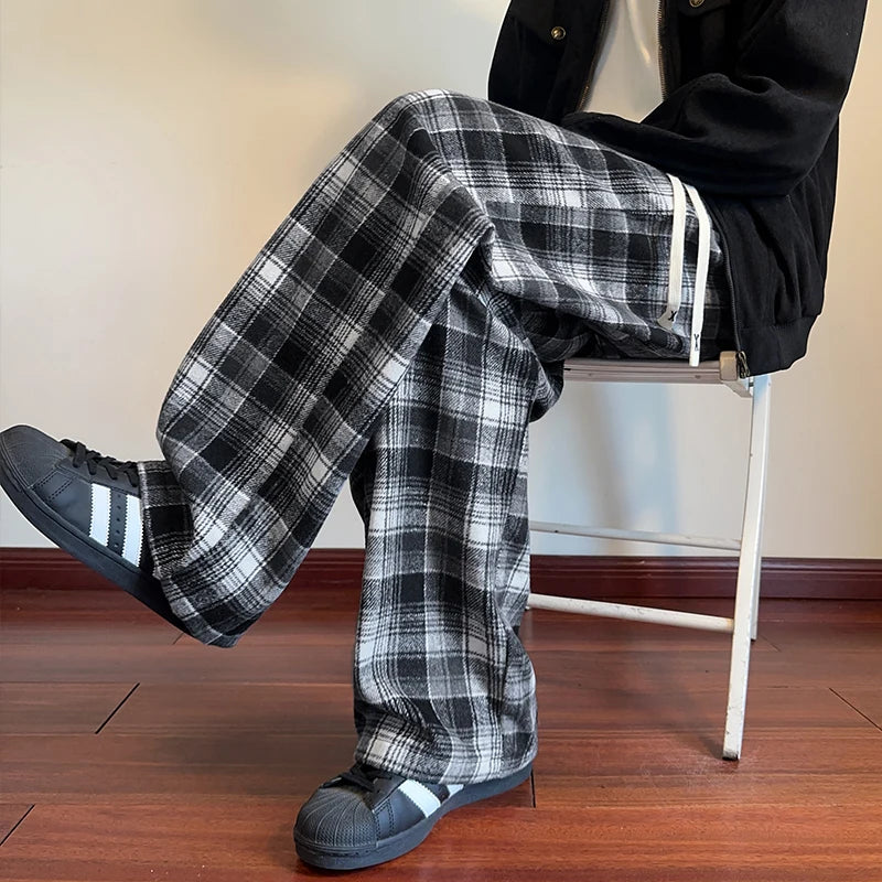Threebooy Autumn Woolen Pants Men Fashion Retro Plaid Pants Men Streetwear Hip-hop Loose Wide Leg Pants Mens Vintage Trousers Large Size