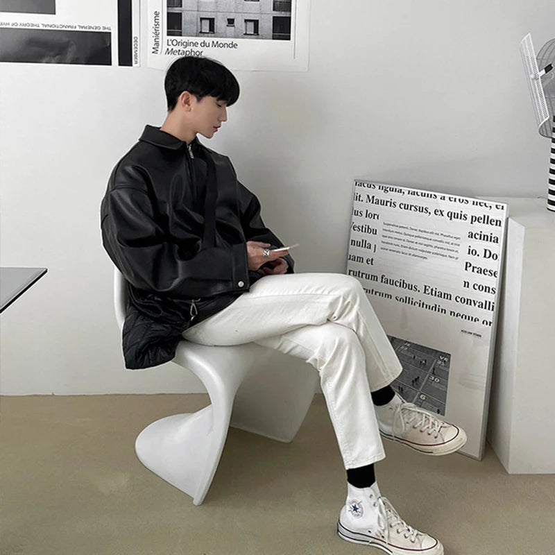 Threebooy  New Men's Casual Textured PU Leather Jacket Fashion Zipper Turn-down Collar Long Sleeve Coats High Quality  Korean Style Outfits