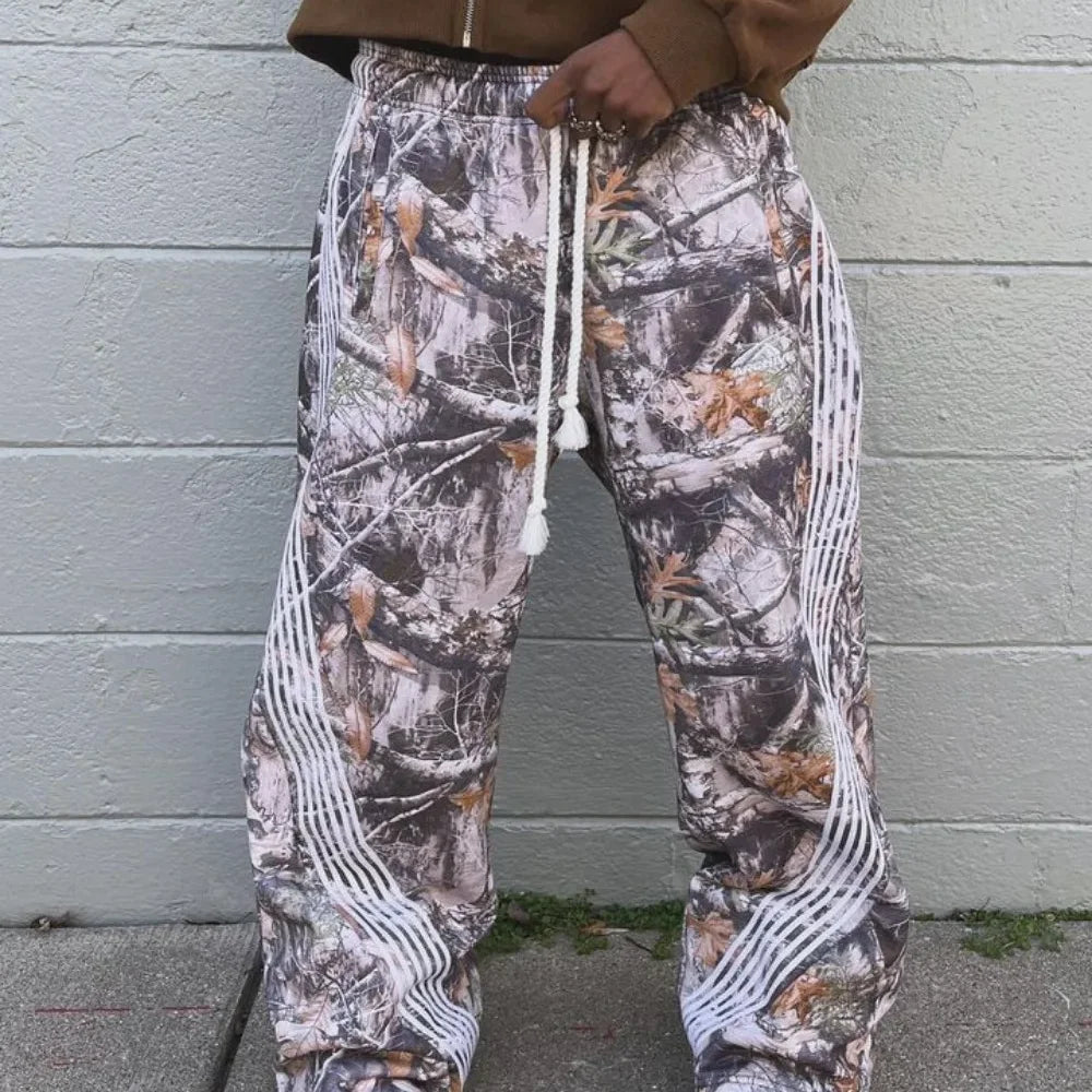 Threebooy Y2k Leaf Camouflage Overalls Wide Pants Woman Loose Straight Casual Sweatpants American Retro Pants