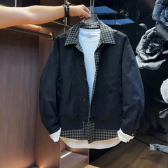 Threebooy  Vintage Fake Two-piece Plaid Jacket Men's 2025 Spring New Spliced Lapel Jacket Handsome Trendy Korean Style Elegant Work Coat