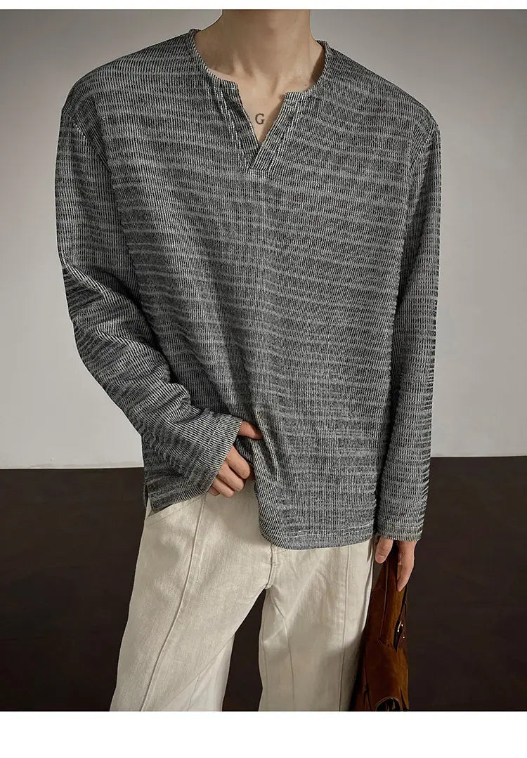 Threebooy 2025 New Fall Mens Long Sleeve Tshirt Soft Comfortable Casual Knitted Shirt V Neck Top Fashion Mens Clothing Teen Boys Clothing