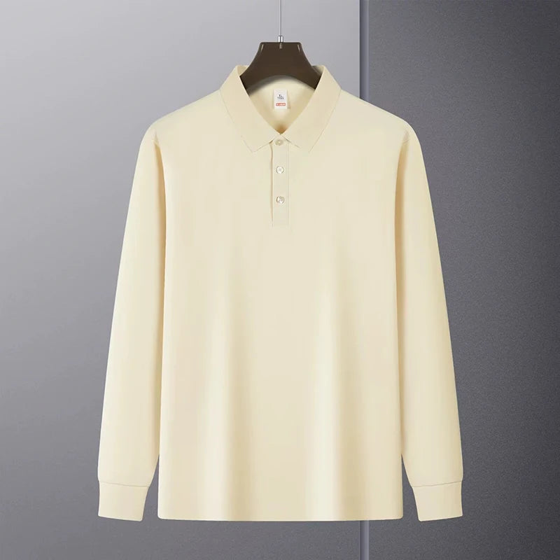 Threebooy  New American Retro Men Polo Shirt Light Luxury Solid Color Slim-fit Commuting Long Sleeve T-shirt Leisure Business Pullover Tops