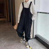 Threebooy Suspenders Jumpsuit Pants Men Summer Overalls Japanese Loose Straps Casual Pockets Unisex Oversize Streetwear Solid Man Clothing