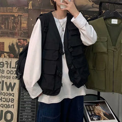 Threebooy Mens Vest Jacket Summer Thin Hip Hop Cargo Vest Design Tooling Pocket Vest Fashion Outwear Clothes Harajuku