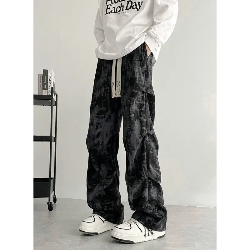 Threebooy Beige Casual Pants Men Fashion Retro Straight Pants Men Streetwear Hip-hop Loose Tie Dye Pants Mens Vintage Trousers M-3XL
